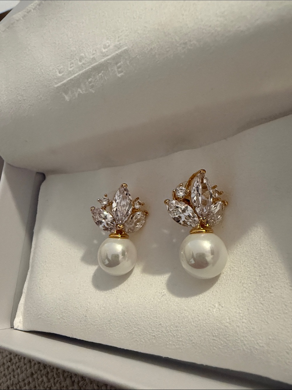 Amélie George - Gold Pearl Drop Earrings with Crystal Accents